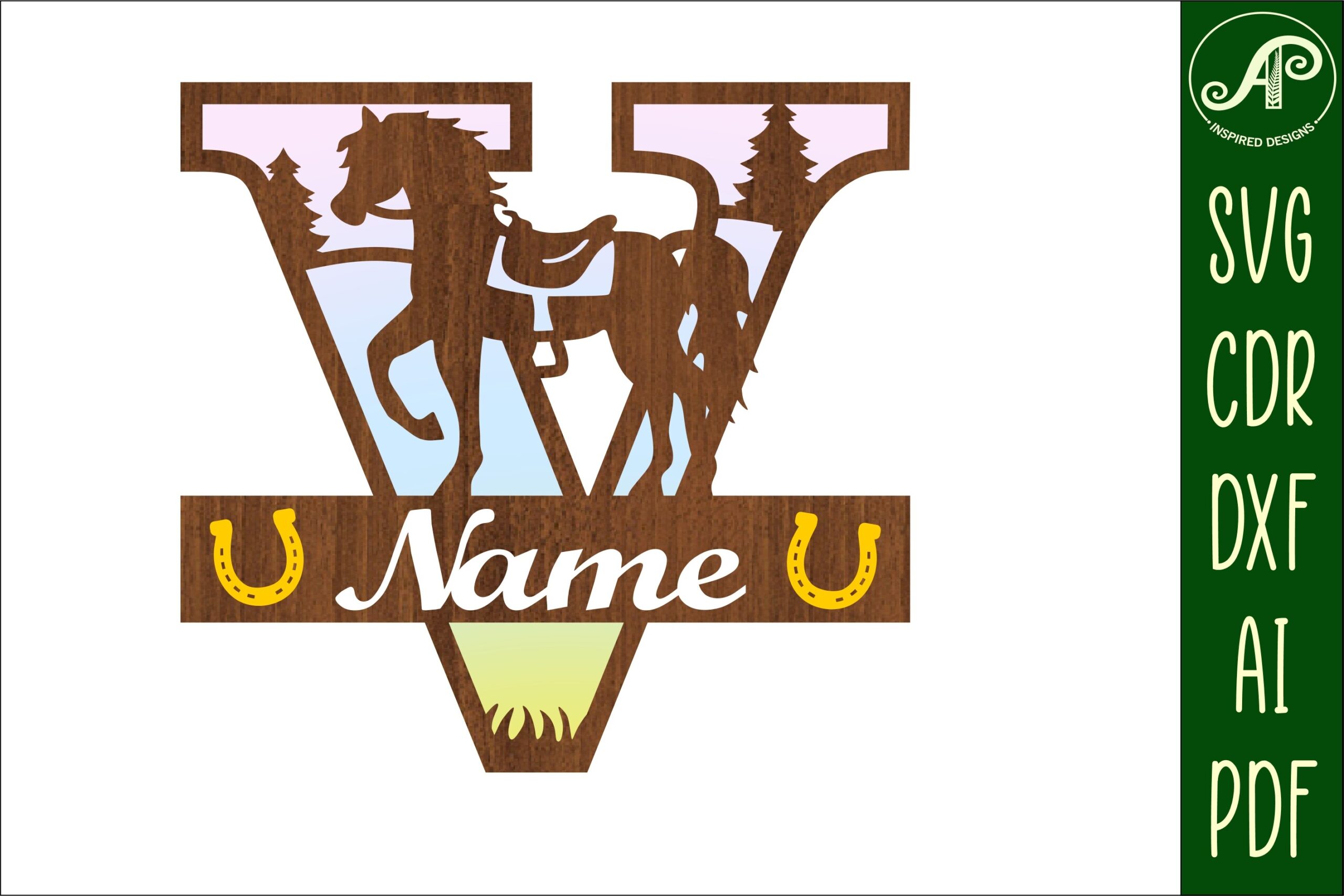 laser cut birthday name sign svg horse capital monogram letter v svg file printable editable 3