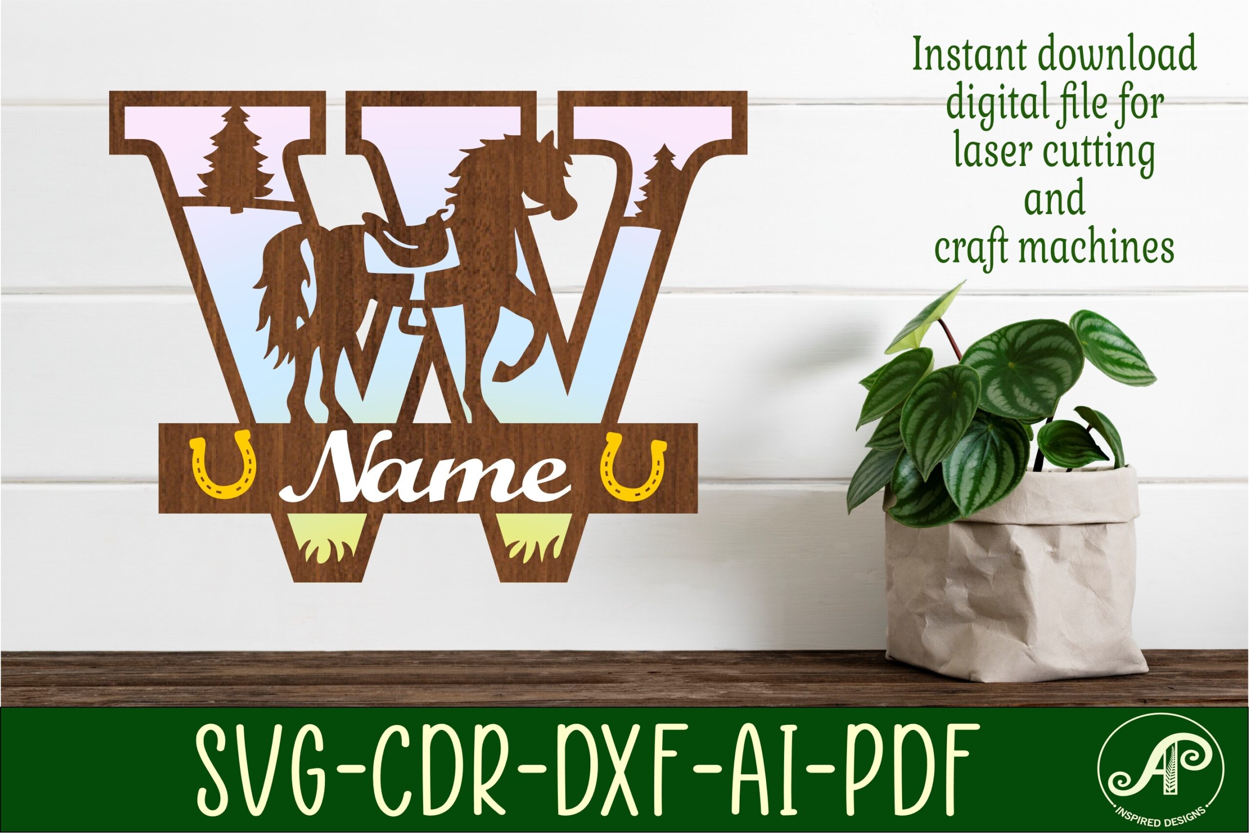 laser cut birthday name sign svg horse capital monogram letter w svg file printable editable 1
