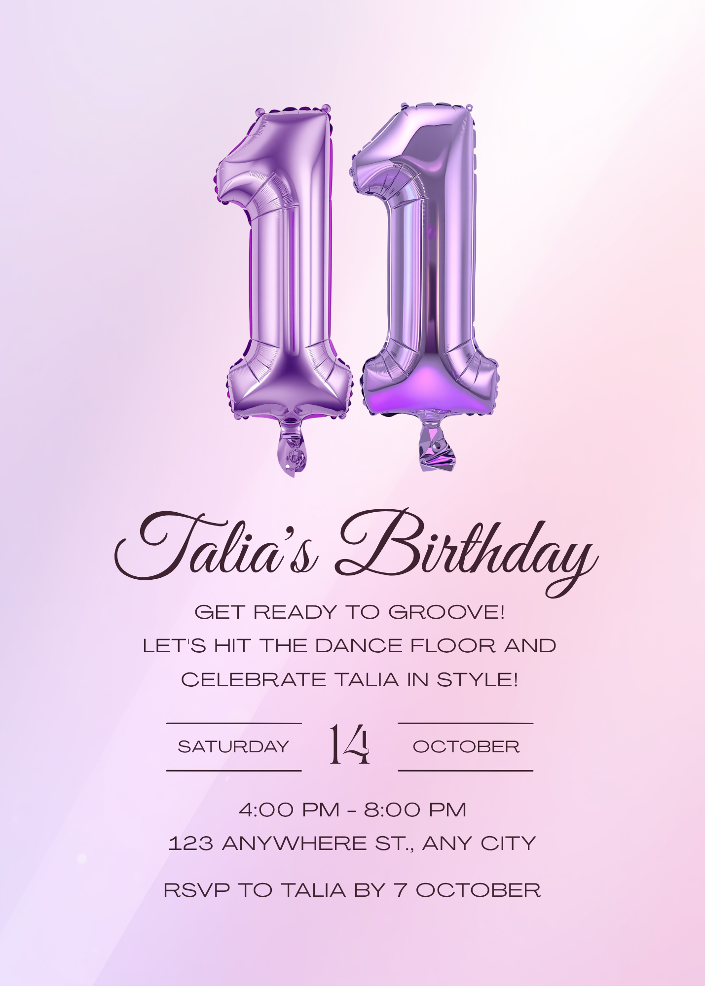 Talia's birthday invitation template with purple number 11 balloons