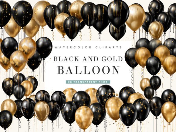birthday decoration ideas 50 years black and gold balloon clipart bundle printable editable