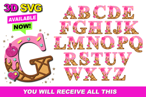 Alphabet 3D SVG Ice Cream printable editable