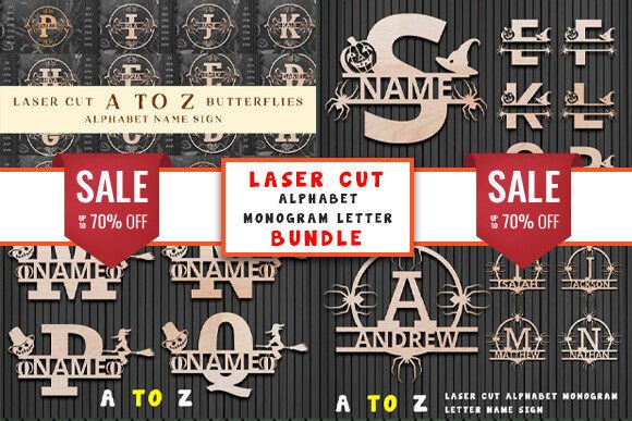 Laser Cut Alphabet Monogram SVG Bundle printable editable