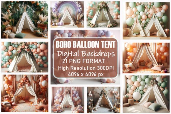 boho balloons tent digital backdrop alt birthday photoshoot printable editable