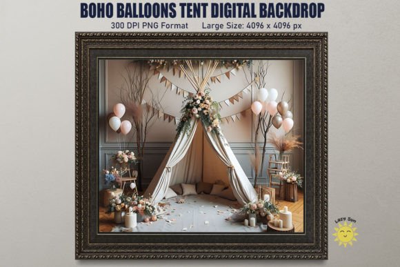 boho balloons tent digital backdrop alt birthday photoshoot printable editable