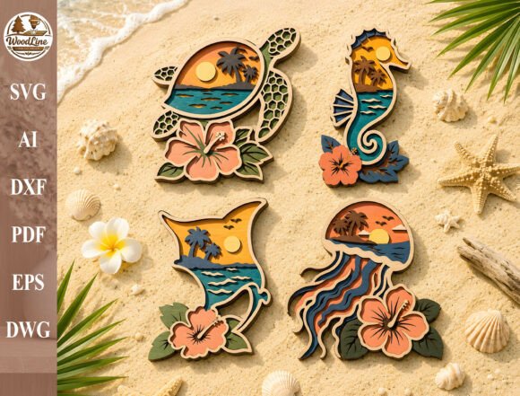 Layered Tropical Sea Animal SVG Bundle printable editable