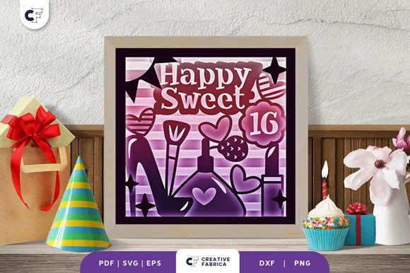 happy sweet 16 3d shadow box svg black dark aesthetic birthday printable editable