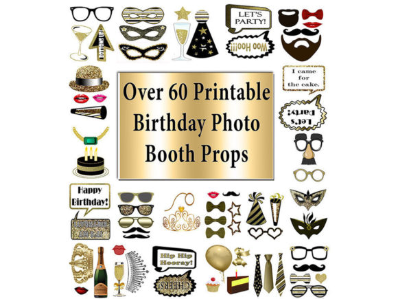budget friendly birthday decoration ideas birthday photo booth props gold 60 pcs printable editable