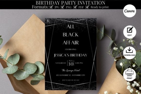 black and white aesthetic birthday invitation printable editable 2