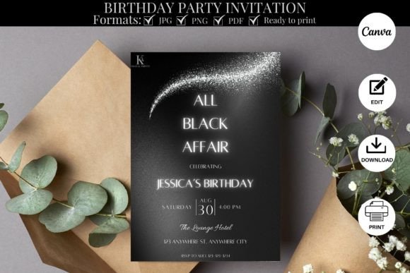 black and white aesthetic birthday invitation printable editable 4