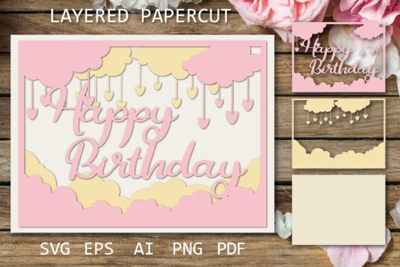 Layered Paper Cut Birthday Card, SVG printable editable