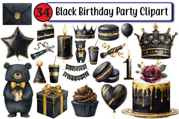 dark birthday cake aesthetic clipart printable editable 24
