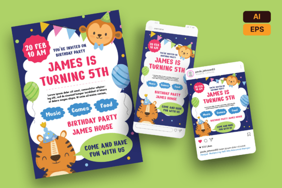 birthday party invitation flyer kids printable editable