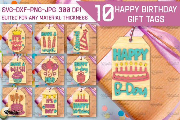 Happy Birthday Gift Tags Lasercut Bundle printable editable