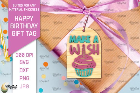3D Happy Birthday Gift Tag Lasercut printable editable view 2