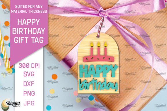 3D Happy Birthday Gift Tag Lasercut printable editable view 3