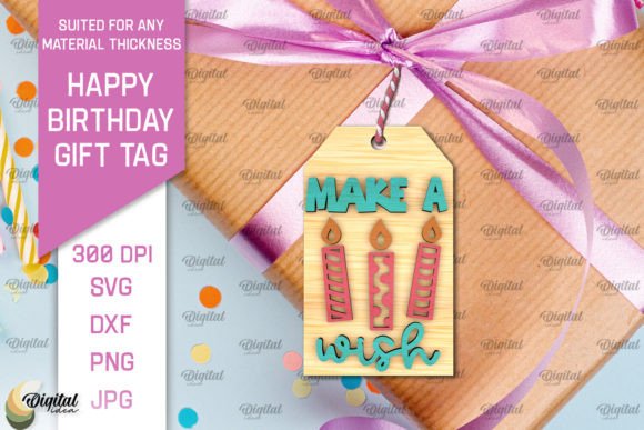 3D Happy Birthday Gift Tag Lasercut printable editable view 4