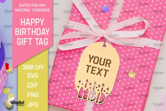 Happy Birthday Gift Tag Laser Cut printable editable view 3