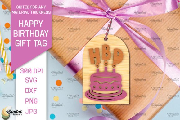 3D Happy Birthday Gift Tag Lasercut printable editable view 5