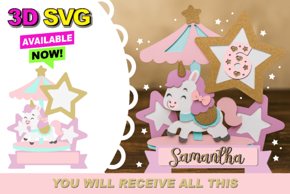 birthday decoration ideas girl baby carousel cake topper 3d svg printable editable