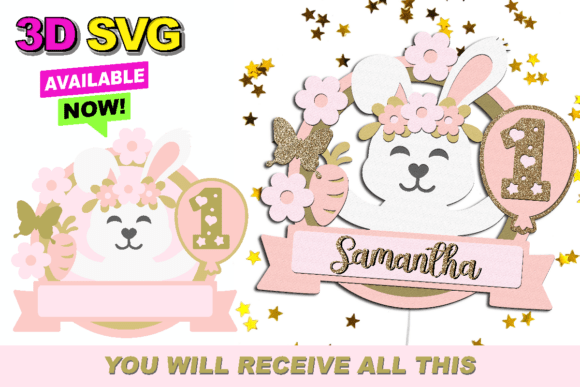 birthday decoration ideas girl baby cute rabbit shaker cake topper 3d svg printable editable
