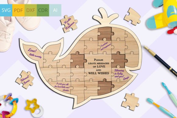Whale Baby Shower Guest Book Puzzle SVG printable editable