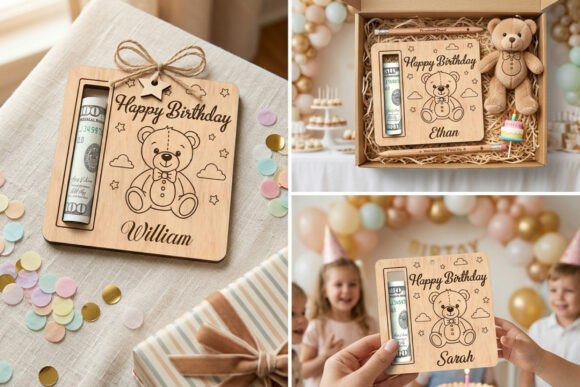 Teddy Bear Birthday Money Holder SVG printable editable