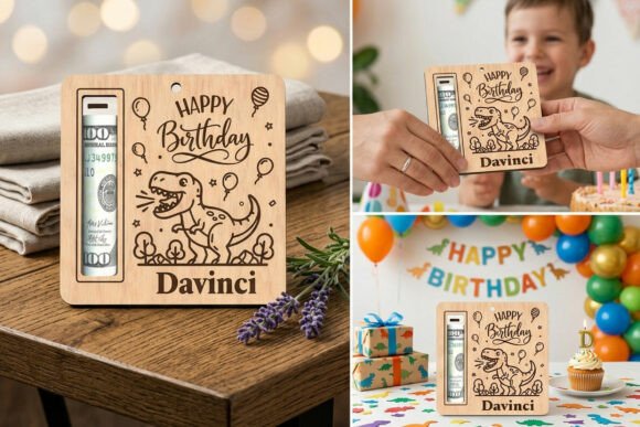 Dinosaur Birthday Money Holder SVG printable editable