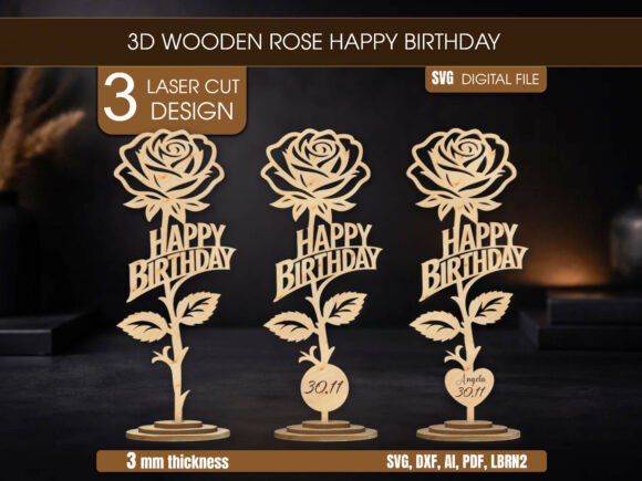 outdoor night birthday decoration 3d wooden rose happy birthday laser cut printable editable