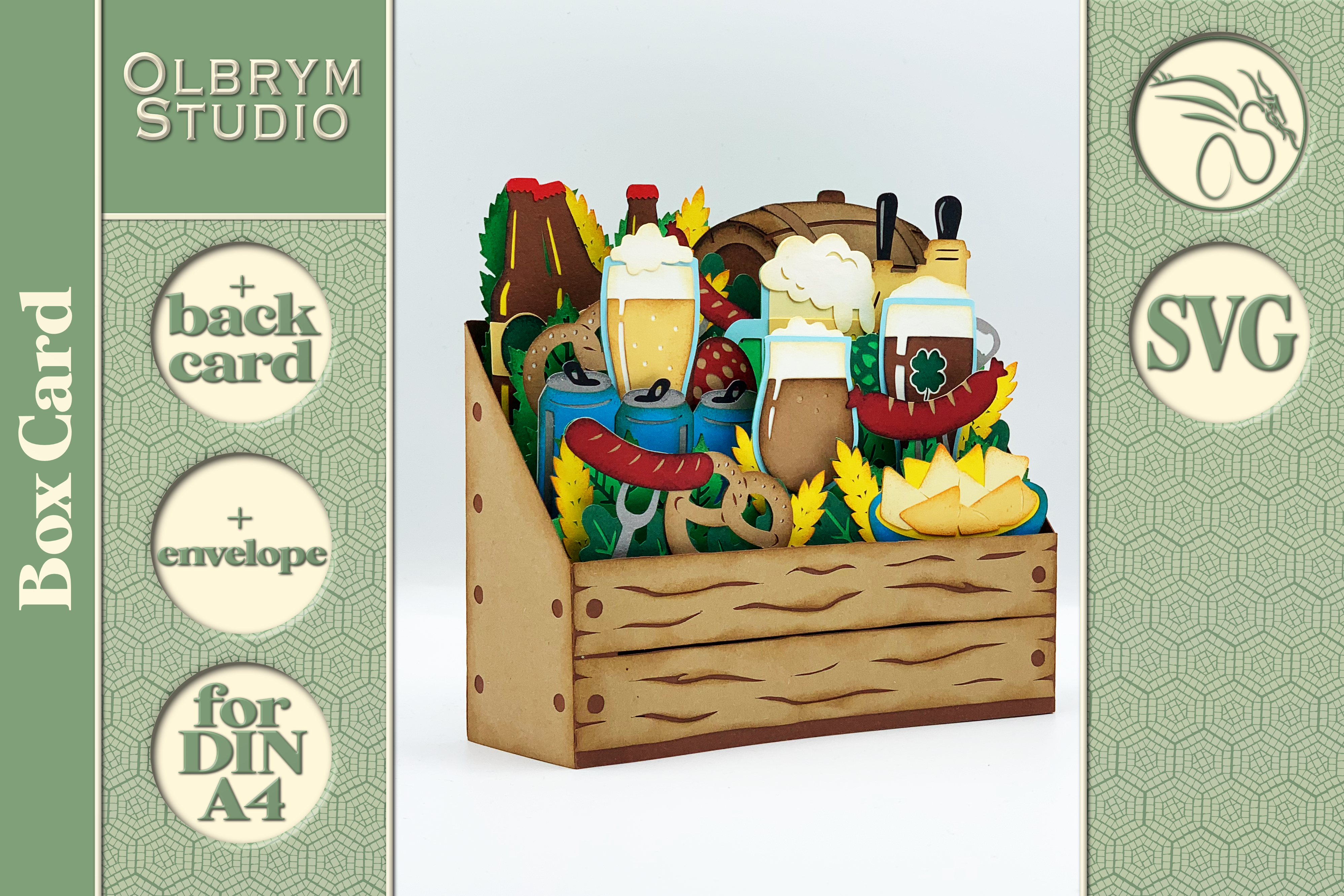 Pop up brewery box card with beer glasses, pretzels and hops