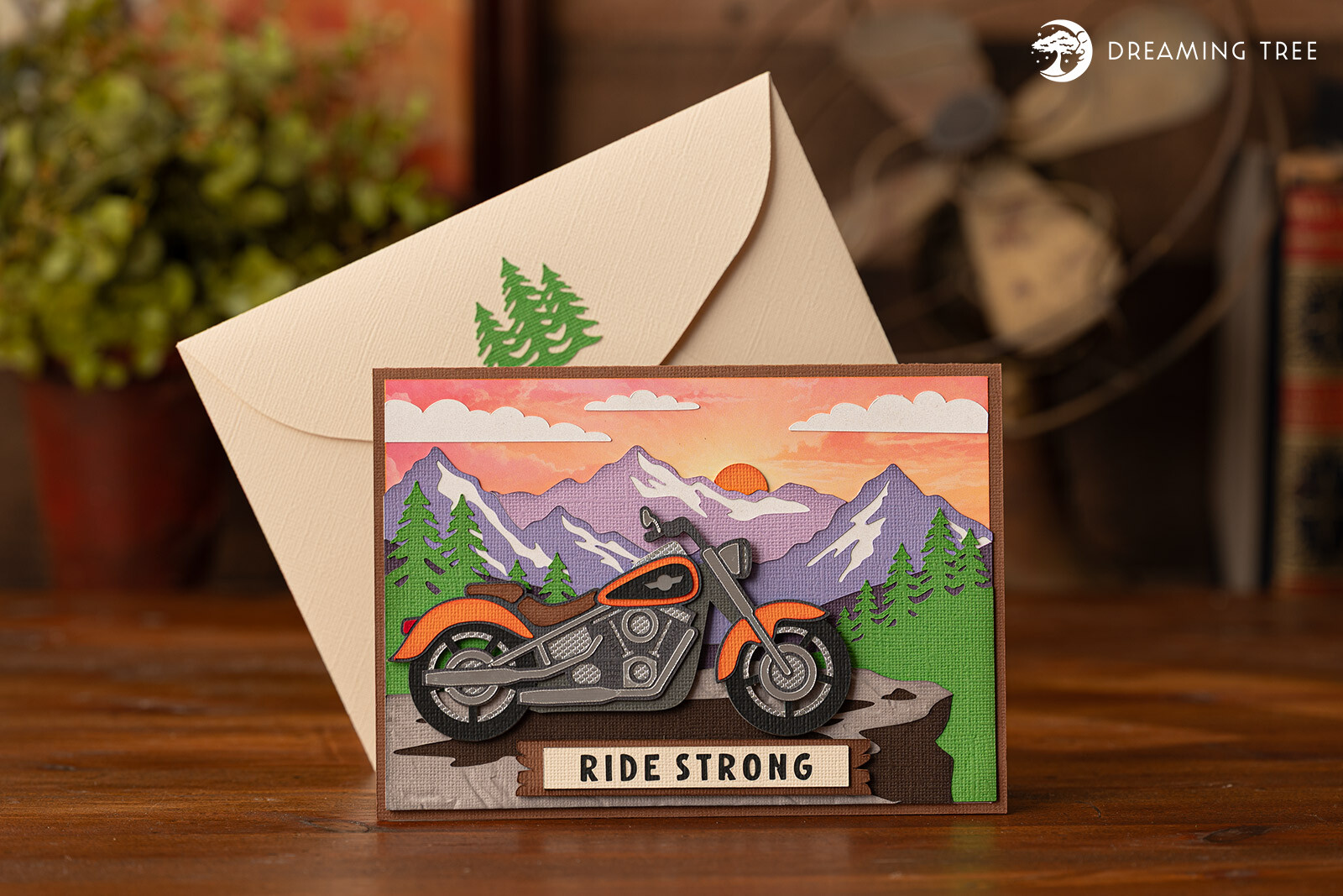 Born to Ride 3D birthday card with motorcycle and mountain road