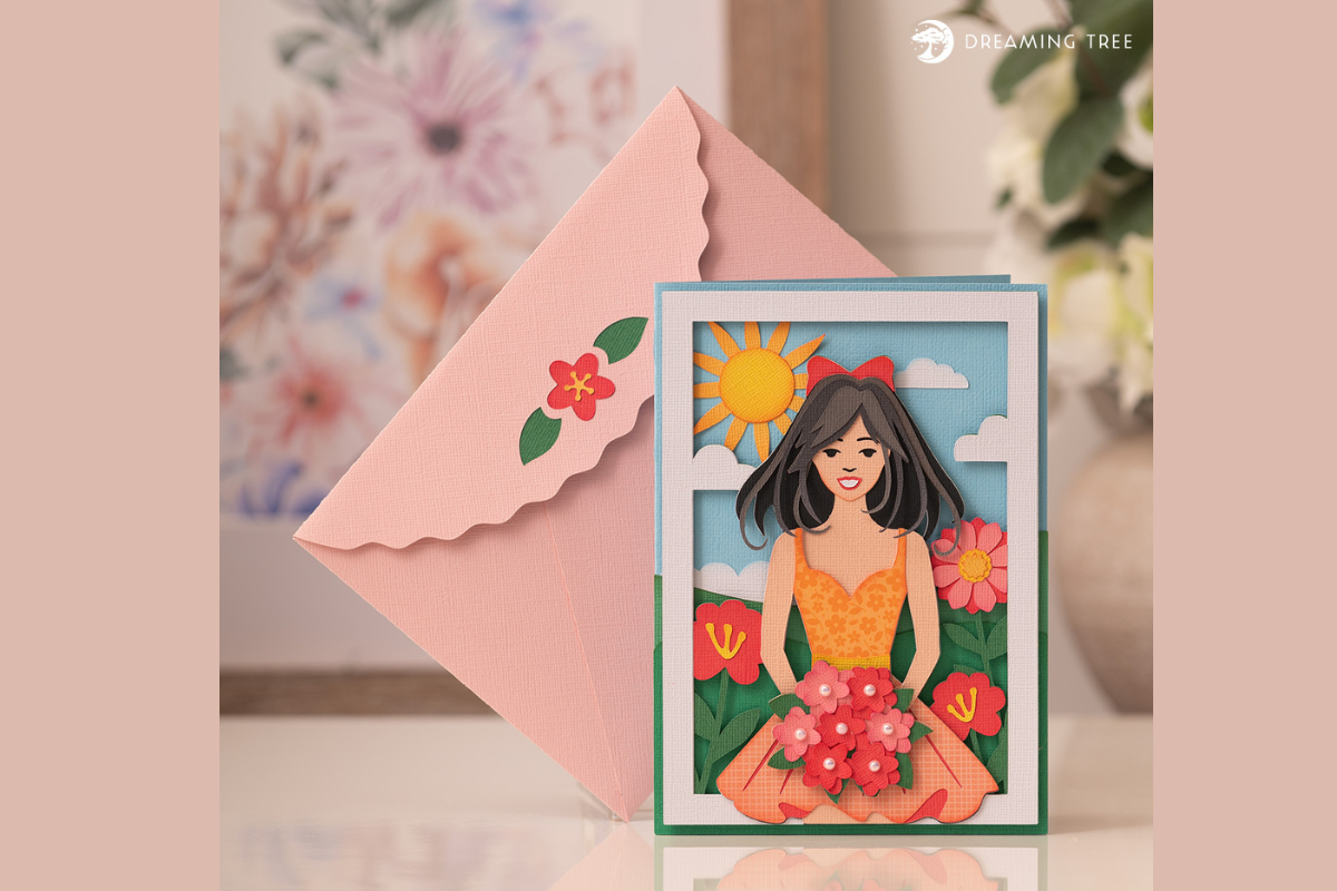 Fleurette layered paper card with a lady surrounded by flowers