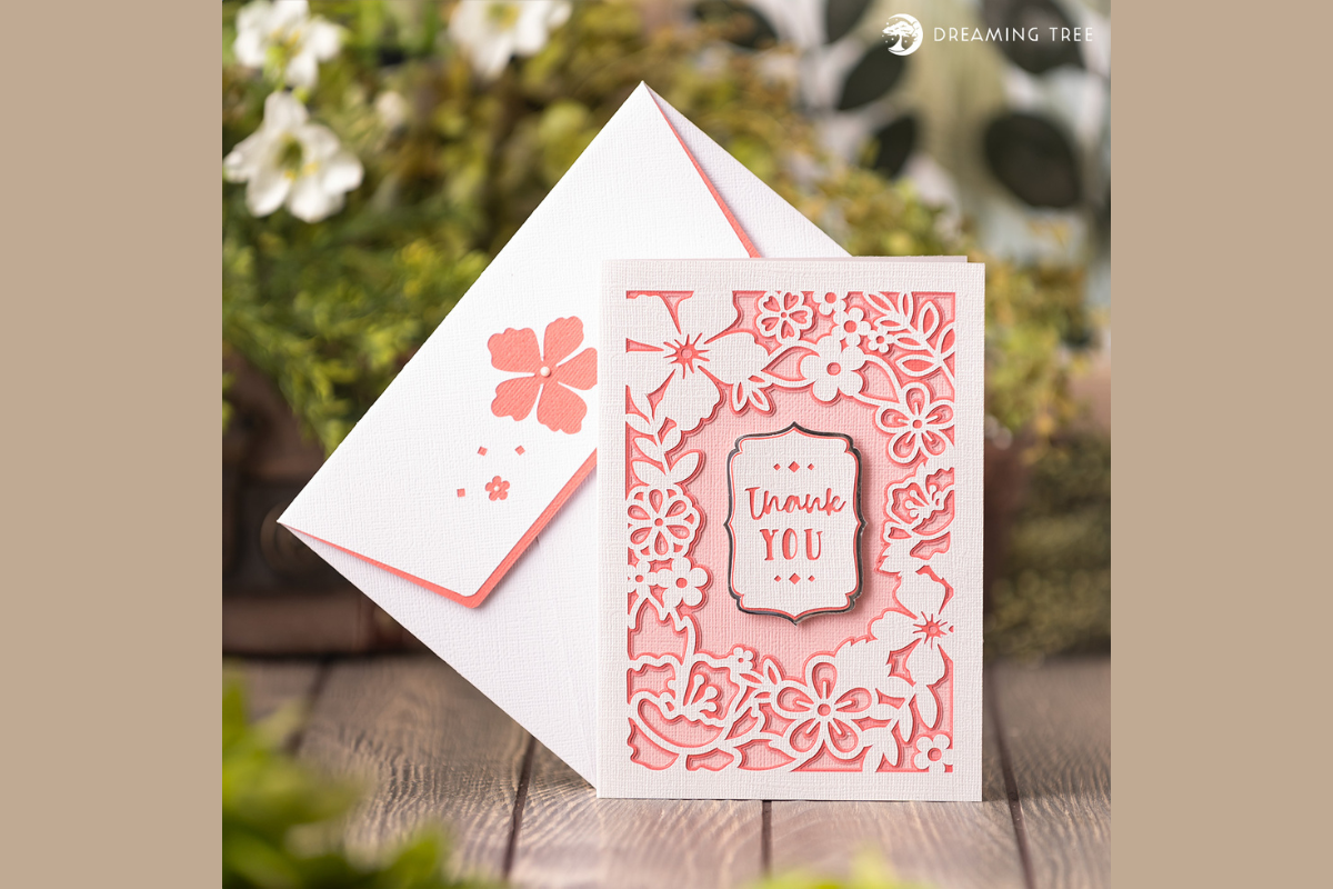 Layered floral card with a bouquet framing a sentiment panel