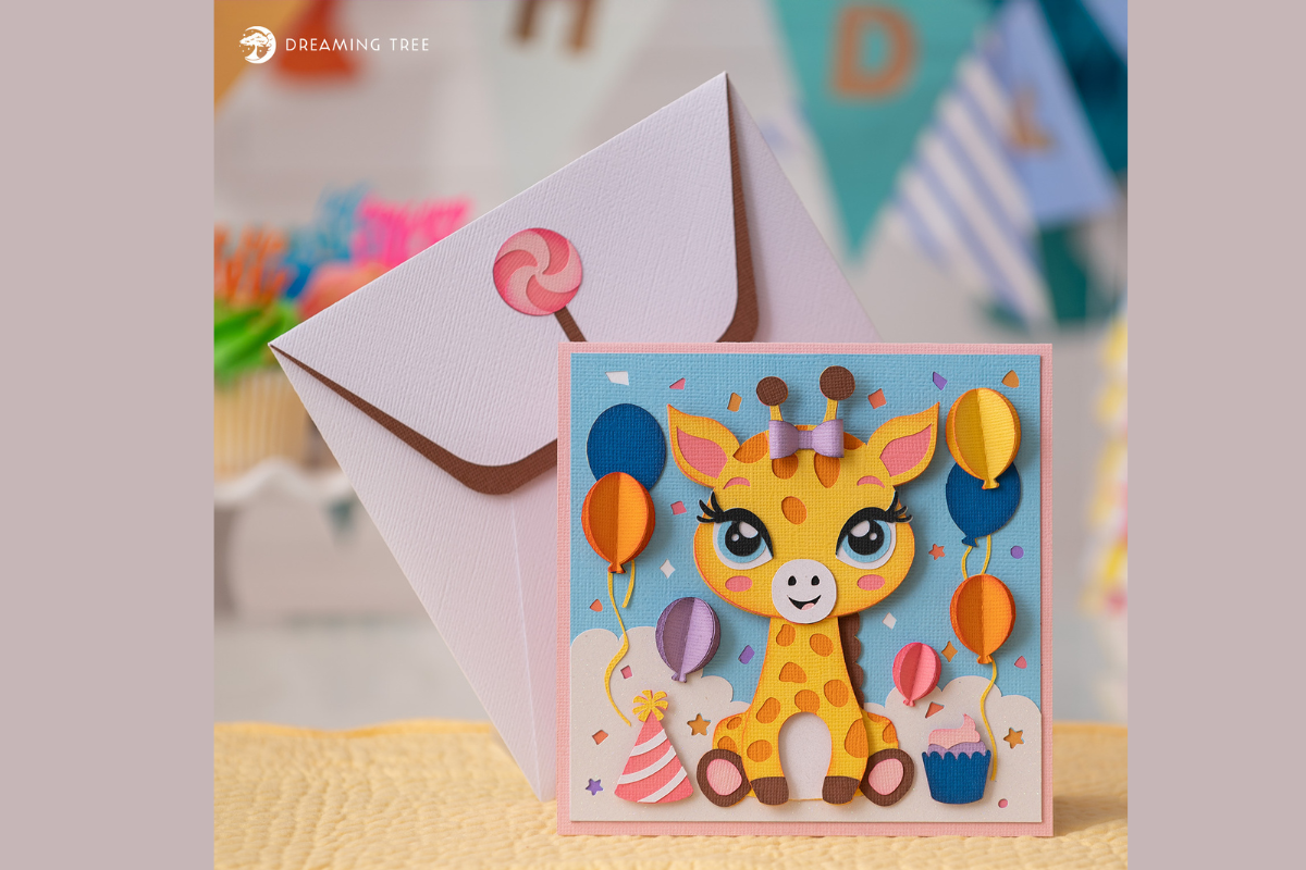 Gentle giraffe pop up card with balloons and a party hat