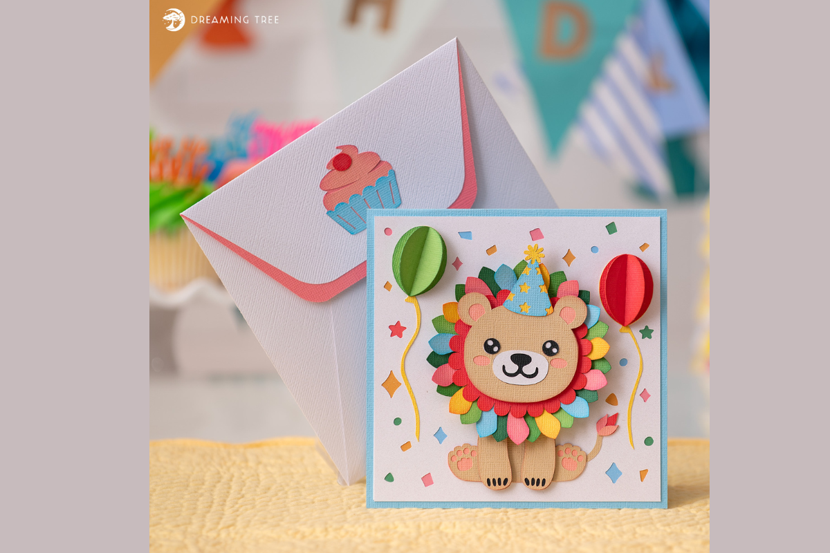 Little lion pop up card with a rainbow mane and balloons