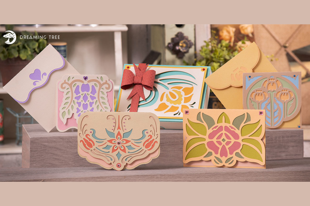 Art Nouveau floral cards and a matching gift box in cut paper