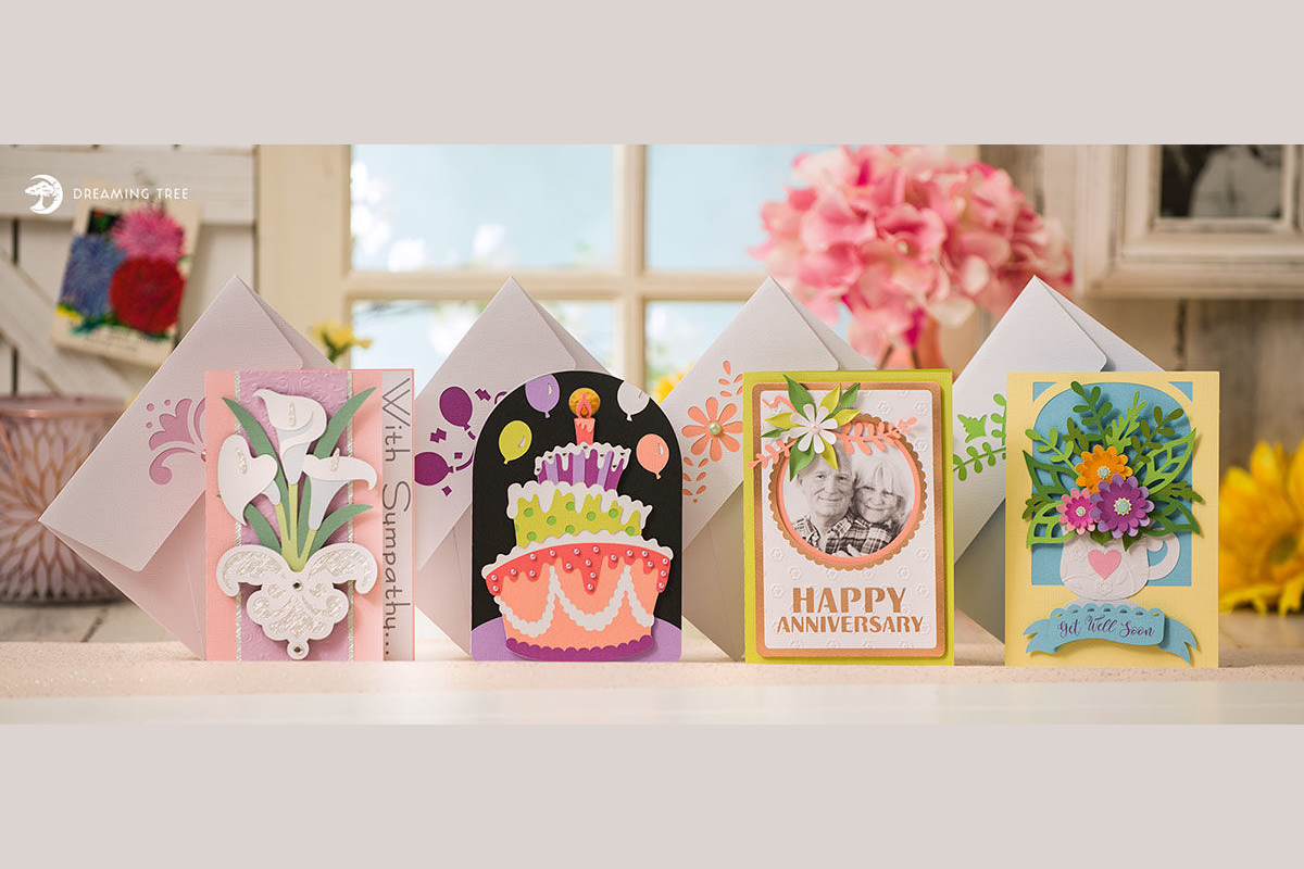 Four layered occasion cards including a birthday card