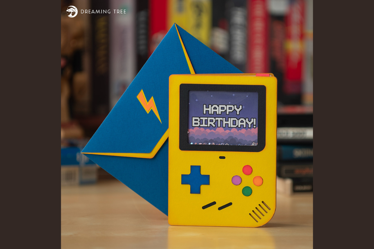 Retro gamer shaker card with a window of loose pieces