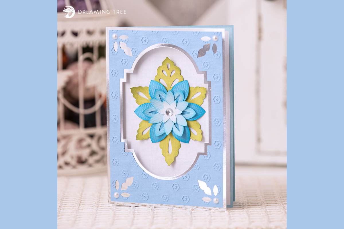 Sky Fantasy Flower 3D birthday card in layered blue cardstock