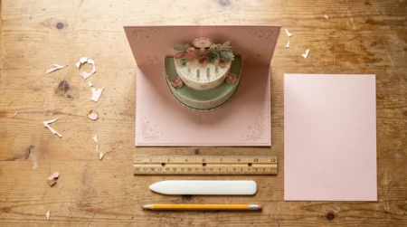 3D pop-up birthday cake card standing open on a craft desk with ruler, bone folder and cut card stock