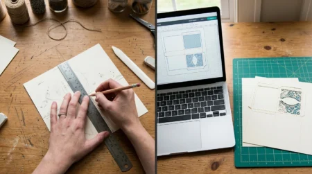 Marking fold lines by hand with a ruler compared to a 3D birthday cake card SVG file with cut and score layers on screen
