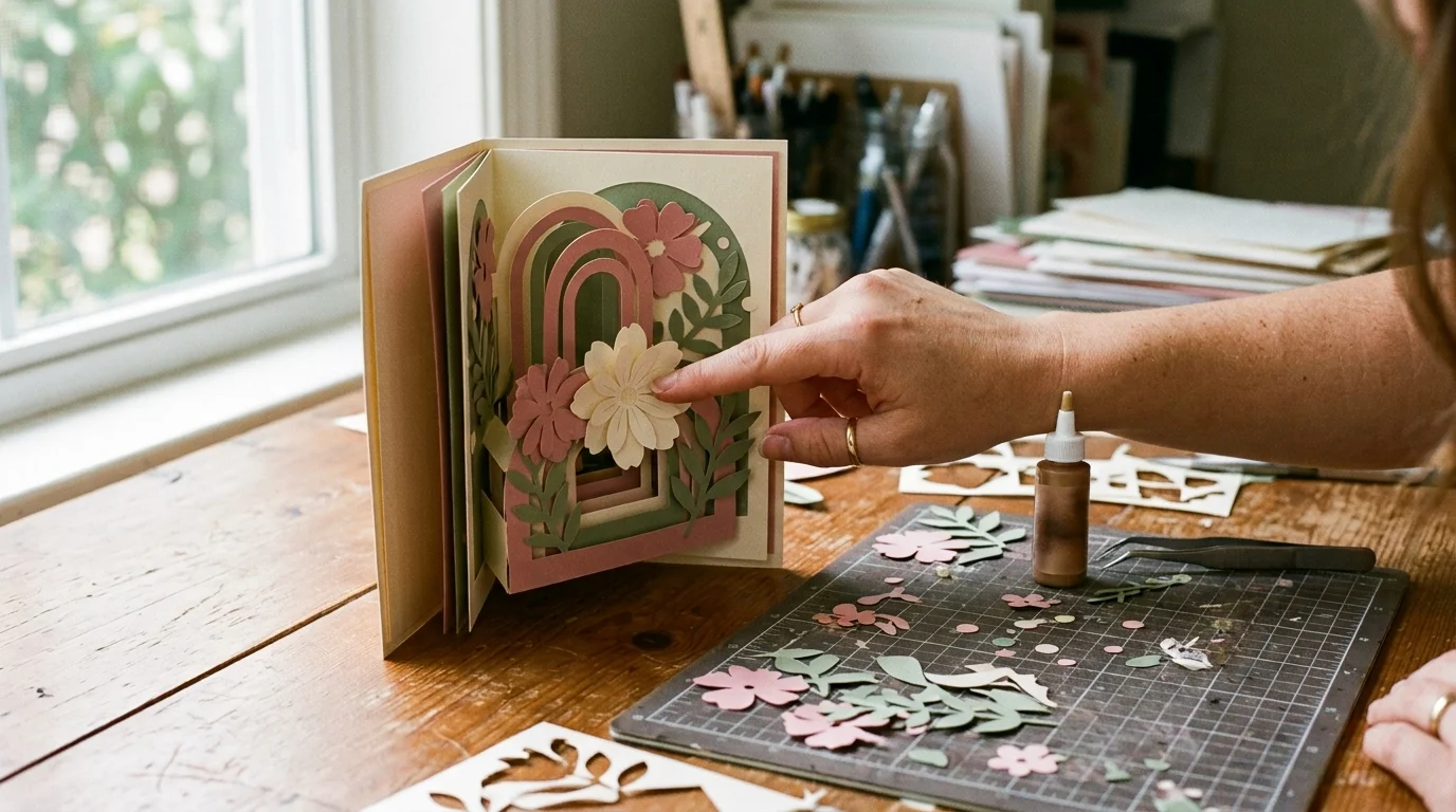 Layered 3D birthday card being assembled on a cutting mat