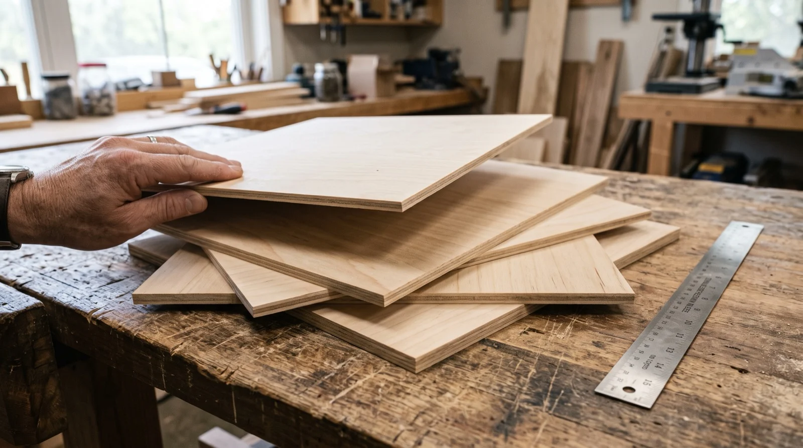 Thin basswood plywood sheets fanned out on a work surface next to a steel rule