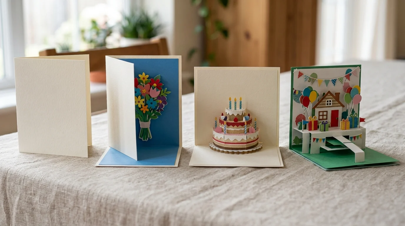Four 3D birthday cards side by side ranging from glue-only flat layers to a card with a moving mechanism and frame