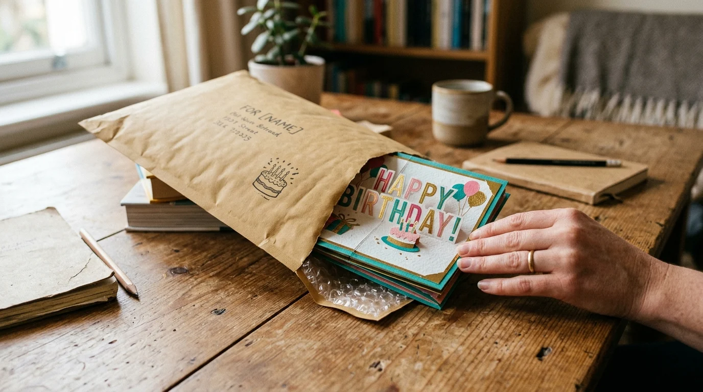 Measuring a closed 3D birthday card against an envelope to check depth added by foam squares and lifted layers