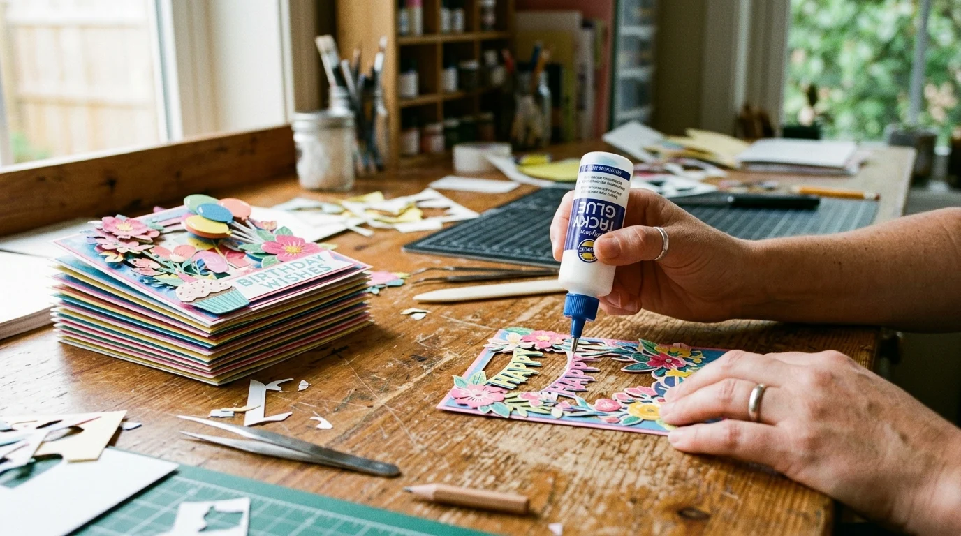 Applying a thin even line of glue to flat layers of a 3D birthday card instead of glue dots