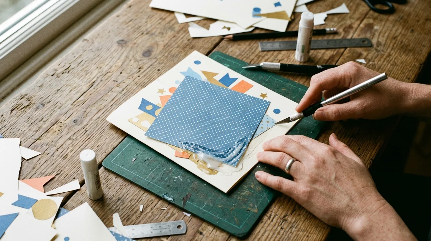 Close-up of a 3D birthday card layer glued off-centre, showing the crooked lean that skipping the dry-fit step causes