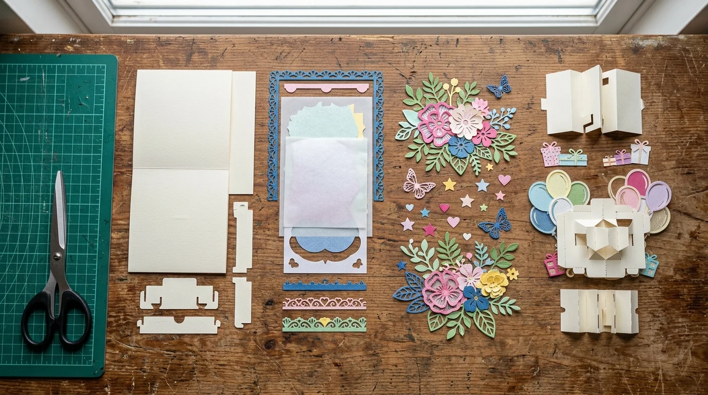 Flat lay of cardstock, foam squares, hot glue, acetate and other 3D birthday card supply list items before cutting