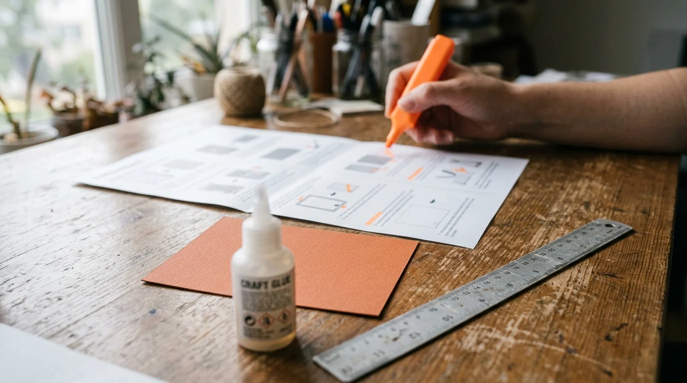 Highlighter marking the last four lines of a 3D birthday card supply list: cardstock weight, adhesive, foam squares, hook-and-loop dots