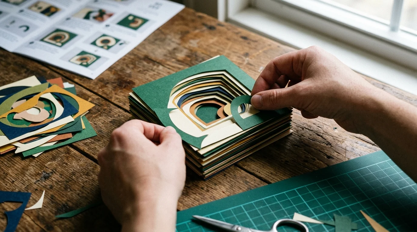 Layers of a 3D birthday card stacked in build order: flat layers first, lifted layers second, mechanism third, closure last