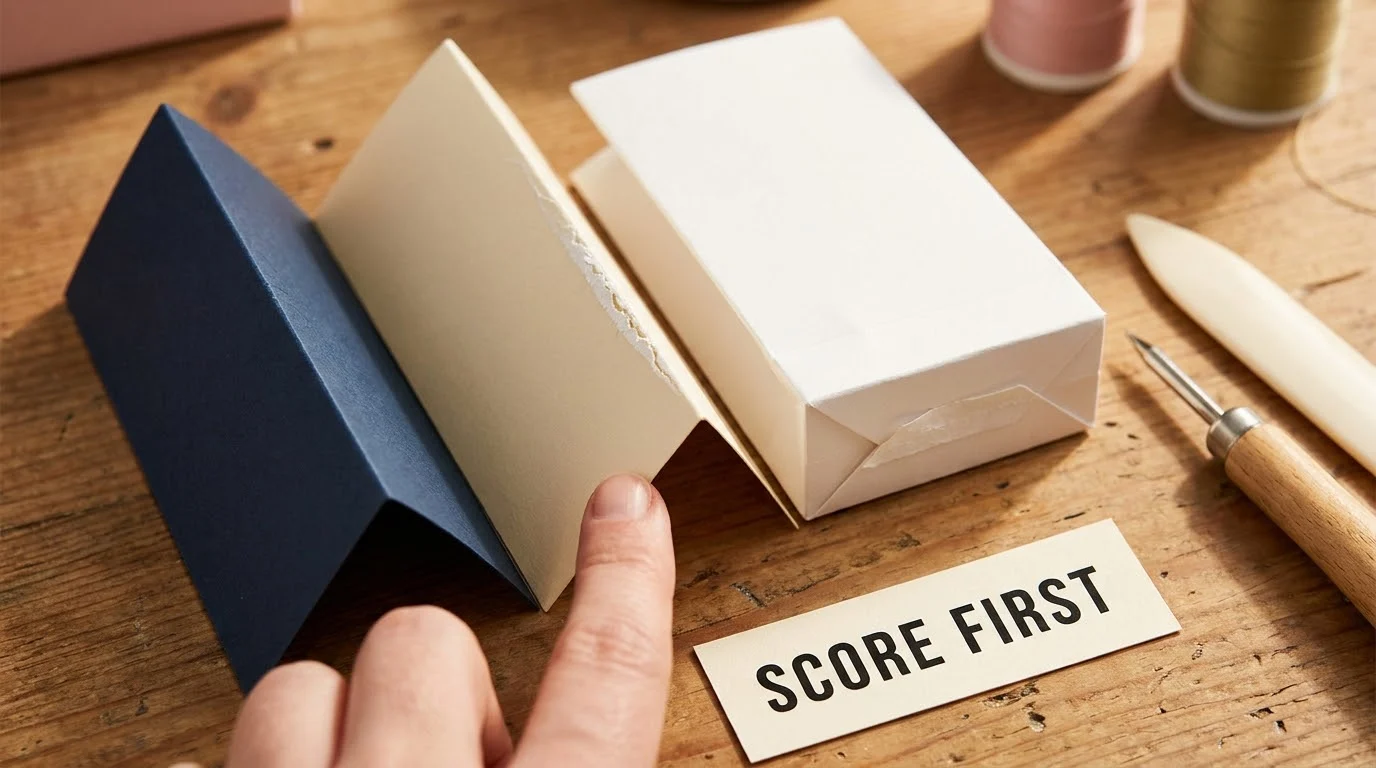 A cracked fold on a folded card beside a clean scored fold, with a bone folder on the table